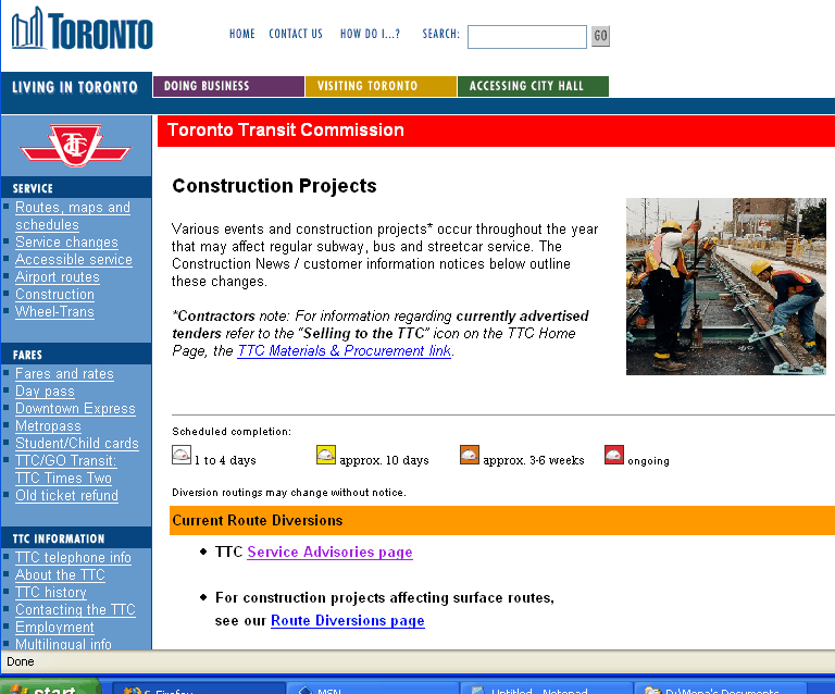 Toronto city web site, TTC service alerts for construction