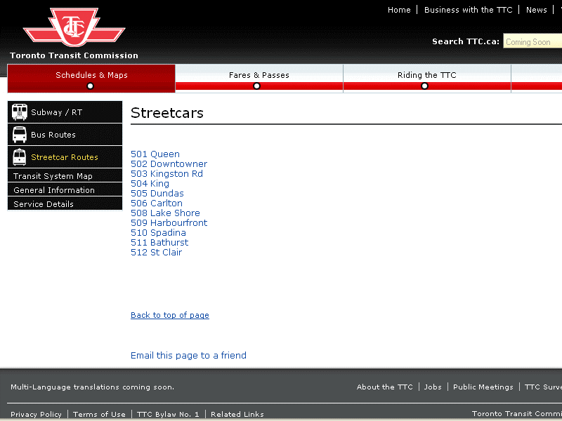TTC Web site, menu of main streetcar routes