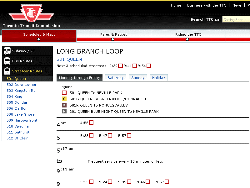 TTC Web site, detailed streetcar schedule for one sub-route