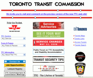 Toronto Transit Commission, old home page, top